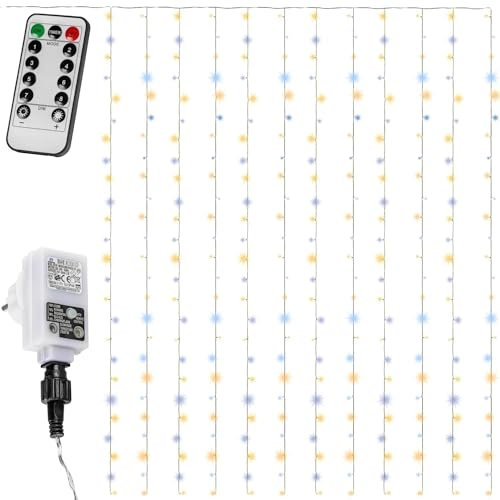 VOLTRONIC LED Lichtervorhang, innen und außen, IP44, Fernbedienung, Größen- und Farbwahl, 3x3 m 300 LEDs, kaltweiß/warmweiß