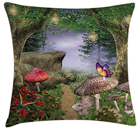 ABAKUHAUS Pilz Kissenbezug, Schmetterlinge Fairytale, für den Innen oder Außen Bereich geeignet mit Reißverschluß Waschbarer Stoff, 40 x 40 cm, Grün Rot