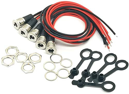 OUOU DC-099 DC Power Socket Adapter Cable,Threaded Female Jack Panel Mount Connector 5.5 x 2.1mm - with Waterproof Cover Cap [5 Pack]