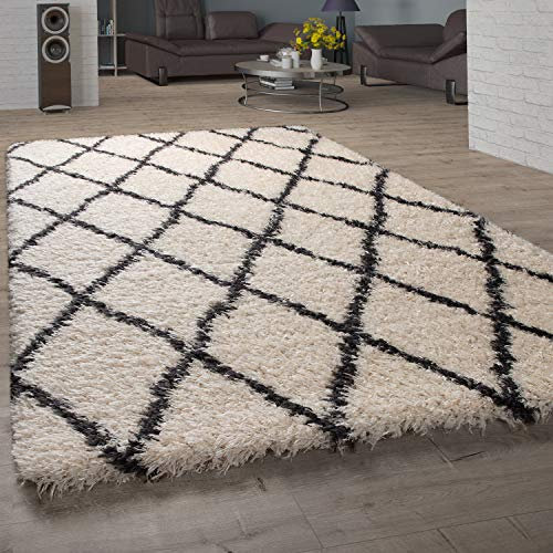 Paco Home Hochflor Teppich Wohnzimmer Shaggy Skandi Rauten Muster Kuscheliger Langflor, Grösse:120x160 cm, Farbe:Creme