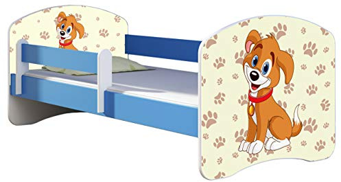 ACMA Kinderbett 160x80 cm Blau mit Matratze & Lattenrost – Jugendbett mit Rausfallschutz, personalisiertes Motiv 11 Welpe, stabiles Kinderbett für Kinderzimmer, belastbar bis 120 kg