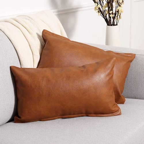 Yaertun 2er Set aus Kunstleder Kissenbezug, Sofakissen Dekorative Kissenhülle Rechteck Überwurf Kissenbezüge Kissen für Sofa Schlafzimmer 12x20, 30 x 50 cm,Braun