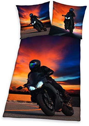Herding Bettwäsche-Set, Motorrad-Wendemotiv, Kopfkissenbezug 80 x 80 cm, Bettbezug 135 x 200 cm, Mit leichtläufigem Reißverschluss, Baumwolle/Renforcé