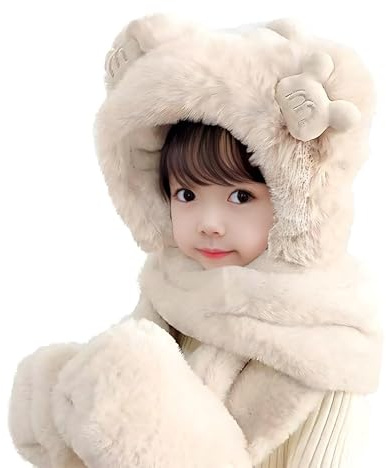 ITODA Set di Guanti da Sciarpa per Bambini 3 in 1 con Motivo Invernale Caldo Imitazione Pelliccia di Coniglio Cappello con Cappuccio Pieno Addensato Berretto Regali di Natale per 5-12 Anni