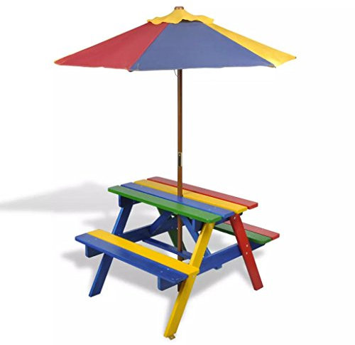 Catherinol Kinder-Picknicktisch mit Bänken Sonnenschirm, Kindertisch, Kinder Biertischgarnitur, Kindersitzbank, Bierbankgarnitur, Sitzbank Kinder, Tischgruppe Kinder, Mehrfarbig Holz