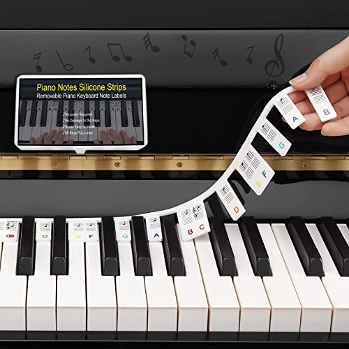 Etichette rimovibili per spartiti musicali per pianoforte – Guida in silicone per principianti, note musicali senza adesivo per 88 tasti full size (Rainbow Colors)