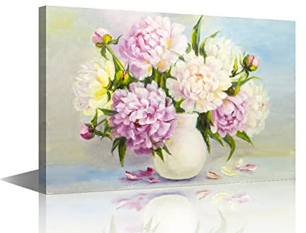 TISHIRON Peinture sur toile murale moderne pivoine fleurs roses nordique art décoratif peinture à l'huile pour chambre à coucher, cuisine, salon, décoration d'intérieur, encadrée, prête à accrocher
