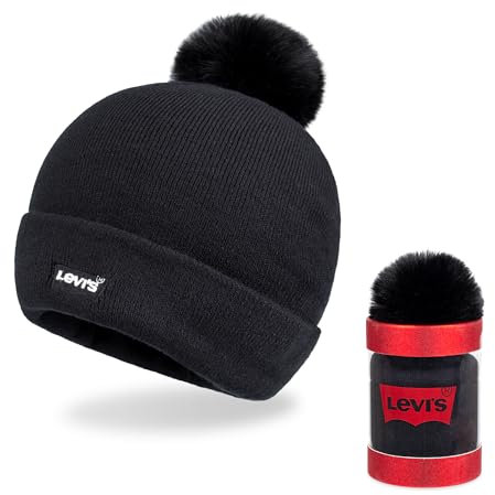 Levi's Damen Bündchen und Bommel Beanie-Mütze, Schwarz, Einheitsgröße