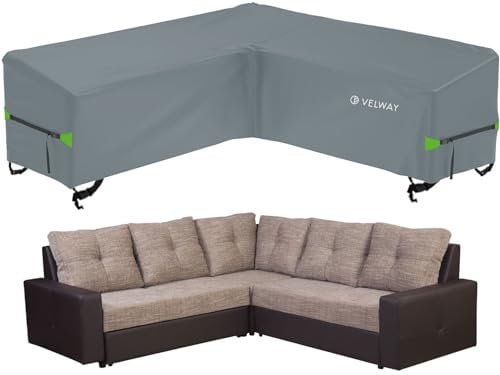 Velway Housse Salon de Jardin Forme en V - 420D Oxford Tissu Housse Protection Imperméable pour Meubles Extérieur, Anti-poussière Aide à Prolonger la Vie des Meubles (Gris, 255x255x87cm)