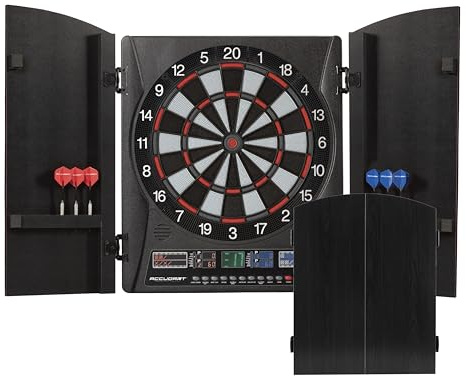 Accudart Apollo Electronic Dartboard Cabinet – 38 Games, 137 Variations, Virtual Opponent, Backlit Scoring, Cricket X/O Displays, Black Woodgrain Doors – Includes Soft‑Tip Darts