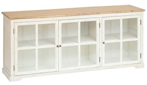 Atmosphera – Oblia 3-türiges Sideboard mit Glasfront – Weiß gekalkt und Holz – 180 x 45 x 80 cm – Für Wohnzimmer, Esszimmer, als Aufbewahrungsmöbel