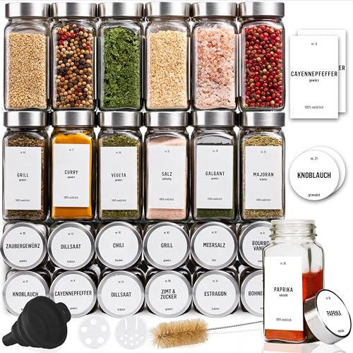 Deco haus® Gewürzgläser eckig mit Schraubkappe 24er Set [+Etiketten & Streueinsatz] - Gewürzdosen Set Glas - Gewürzbehälter Spice Jars - Gewürze Aufbewahrung - Gewürz Organizer Gewürzaufbewahrung