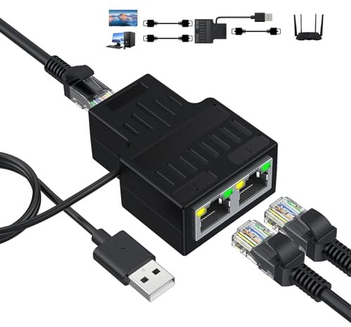 HRSDEIE Splitter Ethernet ad alta velocità da 1 a 2 uscite, 100 Mbps, switch di rete Gigabit Ethernet a 2 porte, con cavo di alimentazione di tipo C per Cat 5/5e/6/7/8, supporta due dispositivi che