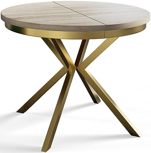 AlpiMeble Esszimmertisch BERGO, Durchmesser: 90-170 cm, Beige, Gold Beine | Runder Tish, Ausziehbarer Tisch, Wohnzimmertisch mit Metallbeinen