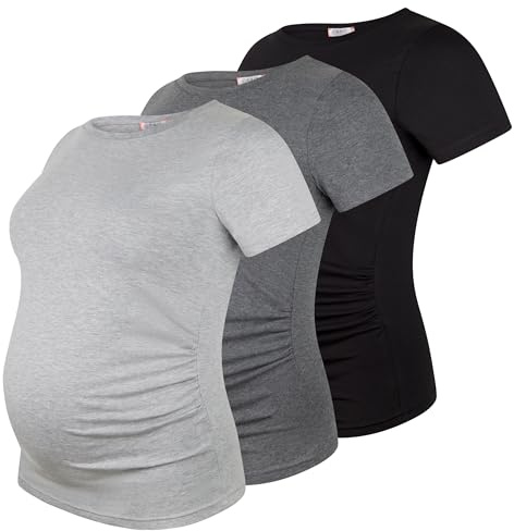 M.M.C. Umstandsshirt Kurzarm Damen 3er Pack – Umstandsmode Basic, unifarben, mitwachsende Raffung, 95% Baumwolle