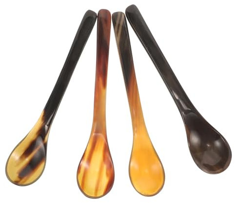 GRADENEVE 4 Stück Horn Honiglöffel Vintage Kaffeelöffel Ochsenhorn Langer Griff Löffel Dessertlöffel Espressolöffel Wiederverwendbarer Dessertlöffel Kompakter Kuchenlöffel
