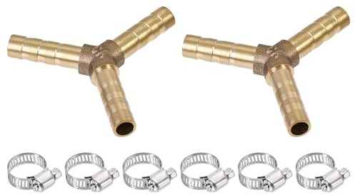TOP-VIGOR 2Pcs 6mm Brass Barb Hose Fitting, Y Shape Barbed Splitter Fitting Pipe Connector with 6Pcs 6-12mm Hose Clamps for Water Fuel Air