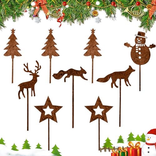 9PCS Garten Roststecker Metall Adventskranz Rost Dekostecker Winterwald Rost Gartendeko Stecker Rostoptik Gartenstecker Garten Metallstecker zum Advent Weihnachten Deko,Gartenstecker Weihnachten