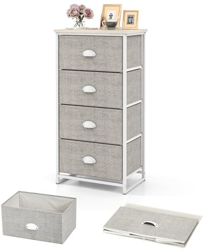 KOMFOTTEU Kommode mit 3/4 Stoffschubladen, Aufbewahrungsschrank Holzplatte, Organizer Lagerregal mit Metallrahmen, Aufbewahrungskommode für Wohnzimmer, Büro (4 Schubladen)