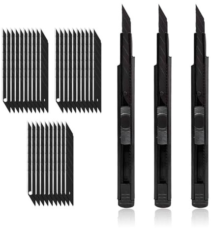 Set von 3 9 mm Messer Cutter Messer,Einziehbar mit 30 Grad Snap-off Klinge, Cutter Messer Professional, 9 mm Cutter Schwarz für Tapete, Folien, Papier, Handwerk und Karton.