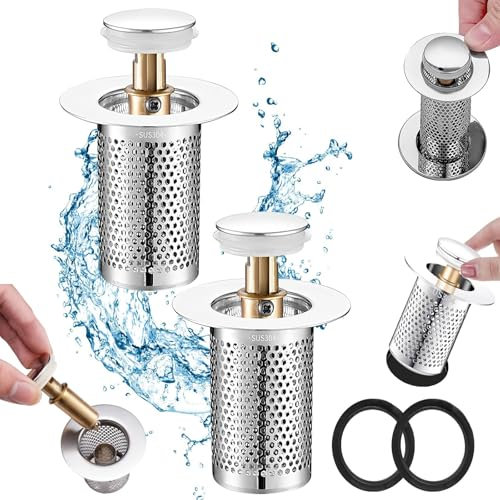 2 Piezas Tapón Fregadero para Desagüe 33-55 Mm, Profundidad Aplicable > 80 Mm, Versión Larga con Núcleo Cobre Filtro Drenaje Piso Acero Inoxidable para Cocina y Baño
