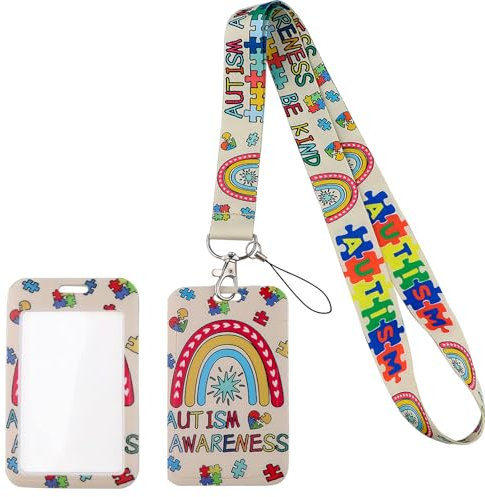 Autismus-Schlüsselband, verstecktes Behinderungsband, Regenbogen-Schlüsselband mit Kartenhalter für Kinder, Teenager, Lehrer, Erwachsene, für Ausweis, Namensschild, niedliches Regenbogen-Umhängeband