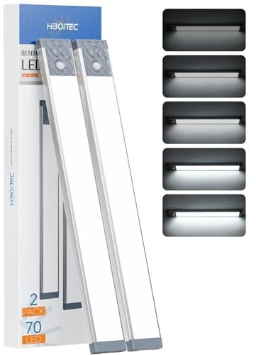 HIBOITEC Lampe Led Sans Fil avec Détecteur de Mouvement Interieur, 2500mAh Reglette Led Rechargeable USB, Dimmable Eclairage Led Cuisine Sous Meuble Placard Veilleuse (32,5cm, Lumière Blanche Froide)