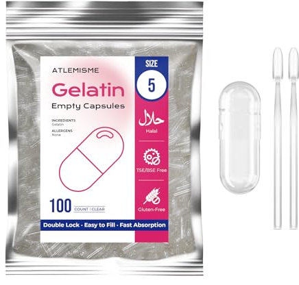 Empty Capsules Size 5 100 count,Small Clear Empty Gelatin Capsules Kosher,Halal and Non GMO Certified for DIY Supplements.Hypoallergenic Gel Capsule Empty with 2 Spoons,Adapted to The Capsule Filler