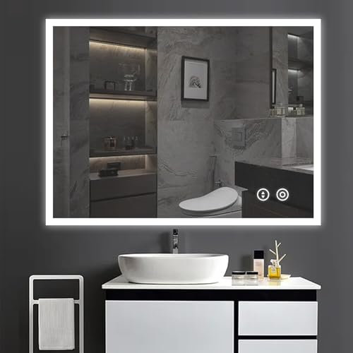 YOLEO Bathroom Mirror with LED Lights, 800x600mm Illuminated Bathroom Mirror, Wall Mounted Vanity Mirror with 3 Colors Dimmable, Anti-Fog, Touch Switch, Waterproof IP44, Horizontal/Vertical