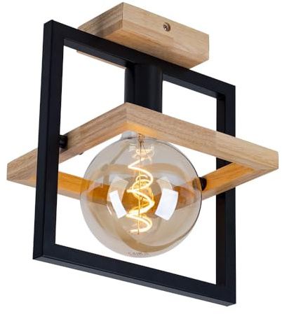 Deckenleuchte Wohnzimmerlampe Deckenlampe Esszimmerleuchte Flurlampe Küchenleuchte, Metall Holz braun schwarz, E27, H 28 cm