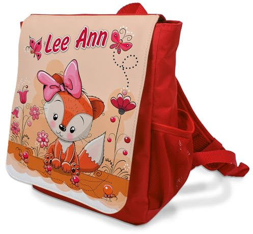 Unikatolo Kindergartenrucksack in rot mit Name personalisiert, Mädchen Kindergarten Kita bedruckt, Kita-Tasche Geschenk erster Geburtstag Kleinkind Kinderrucksack (Fuchs roter Rucksack)