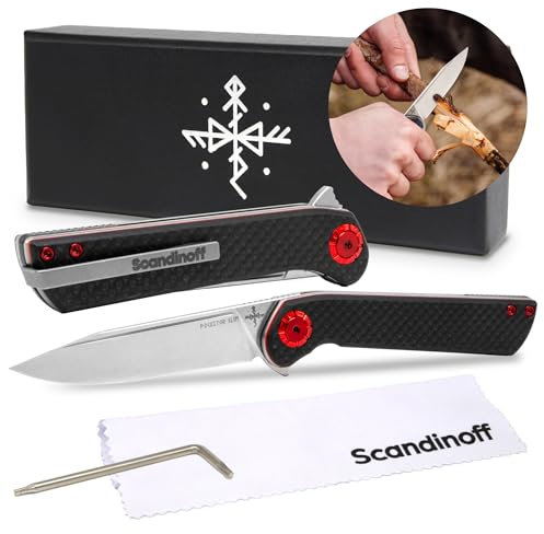 Scandinoff Klappmesser Slim - Einhandmesser - 80mm Klinge - Leicht Taschenmesser - Klingenform „Modern SEAX“ - Sandvik 14C28N Stahl - EDC Messer für Outdoor, Wandern | Pocketor Slim Carbon Fiber