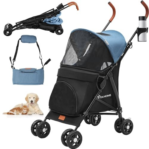 YITAHOME Tragbarer Hundebuggy, Hundewagen bis 11.3 kg, Faltbar klappbar, Haustiere Buggy mit Netzfenstern, Jogger Katzenbuggy für kleine Hunde Katzen, Haustier-Kinderwagen (Blau Schwarz)