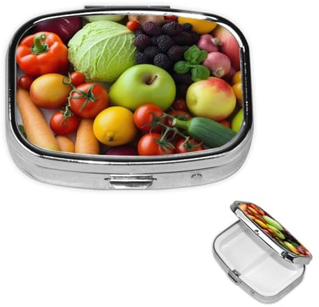 Quadratische Pillendose für Geldbörse oder Tasche, 2 Fächer, Medikamentendose, tragbar, kleiner Pillen-Organizer, frisches Obst und Gemüse, Reise-Pillendose, Medizin, Vitamin, Lebertran,