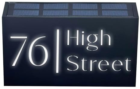 Personalised House Sign with Solar Light 180x280mm, Contemporary Address Number Plate with LED Illumination, Custom Street Name & House Number Plaque, Weatherproof Outdoor (Black, Vertical Design)
