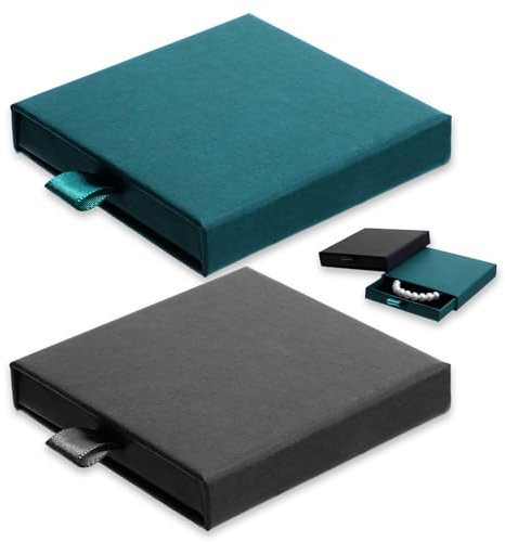 2 Stück Schmuck Box Geschenkschachtel Schmuckschatulle 8 * 8 * 1,7 cm Kleine Geschenkboxen Ausziehbare Quadratische Aufbewahrungsbox für Armbänder Ohrringe,Halsketten,Schmuckgeschenke-Schwarz+Grün