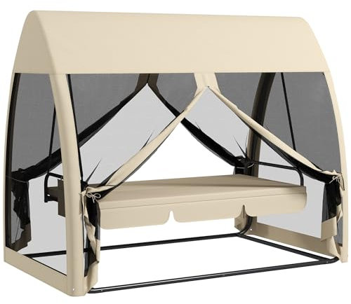 Outsunny 2 in 1 Hollywoodschaukel mit Liegefunktion 3-Sitzer Gartenschaukel mit Baldachin, Mückennetz, Schaukelbank belast bis 300kg, Gartenliege für Garten, Terrasse, 240 x 140 x 197 cm, Kaffee
