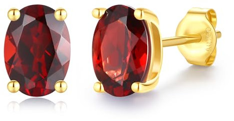 FANCIME Solide 14 Karat 585 Gelb Gold Oval Ohrringe Ohrstecker mit Echt Natürlich Granat Geschenk Schmuck für Damen Mädchen Mama, Größe: 5 * 7 mm