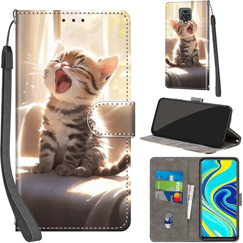 Handyhülle für Redmi Note 9 Pro Max Klapphülle Leder Wallet Katze | 3 Kartenfächer & 1 Geldfach, Magnetverschluss, Ständerfunktion, robuste premium PU leder klapphülle für Redmi Note 9S