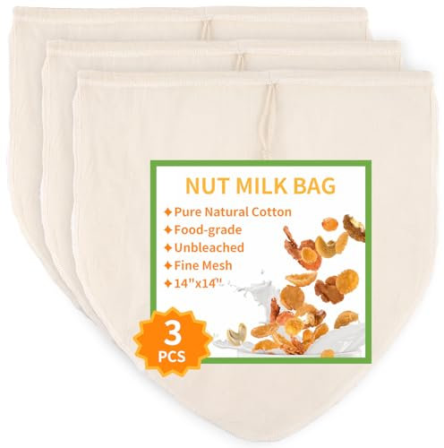 3 Pcs 14x14 Nut Milk Bag, Natural Unbleached Cotton Cheese Cloth Bag for Straining, Reusable Strainer Bag for Oat Almond Milk, Cheese Making, Yogurt, Juice, Cold Brew Coffee, Beer Tea (14x14 Inch)