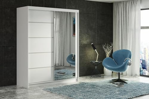 ELUKS CARLI Modern Sliding Door Wardrobe with Mirror, 2 or 3 Doors, 4 colours: WHITE/BLACK/OAK/GREY 5 sizes: 100cm/120cm/150cm/180cm/200cm (White, 150cm 4 Drawers)