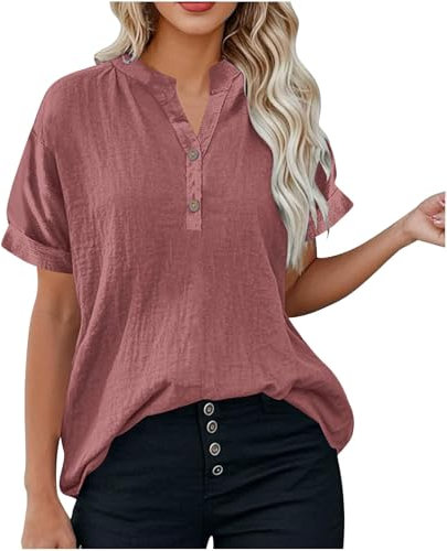 JOASDAO Hauts en lin pour femmes, grande taille, chemisiers d'été décontractés à col en V, chemises boutonnées à manches courtes, tenues tendance 2025, vieux rose, 5XL