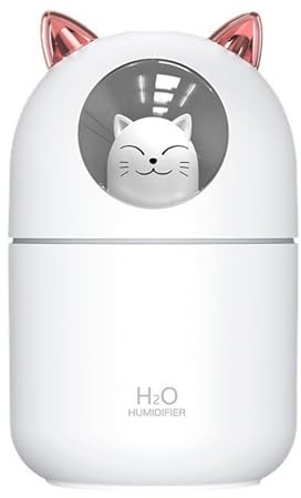 BYYLECL Cute Cat Humidifier, 300ml Mini Cool Mist Desk, White | 2 Spray Modes, Auto Shut-Off, USB Night Light