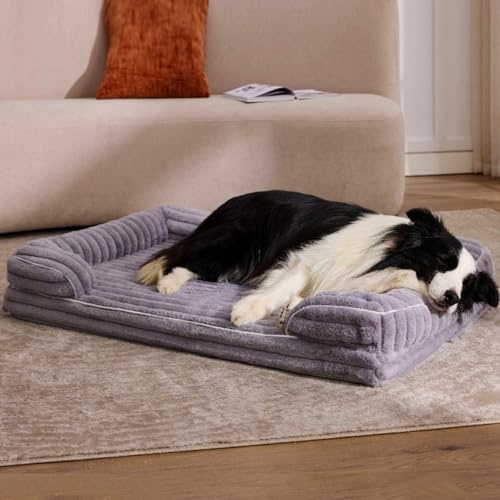 VoltaEcho Orthopädisches Hundebett mittel (90 x 60 x 17 cm) | Abnehmbares & waschbares Hundesofa – Weicher Plüschstoff – Wasserdichtes Innenfutter – Rutschfeste Unterseite Grau