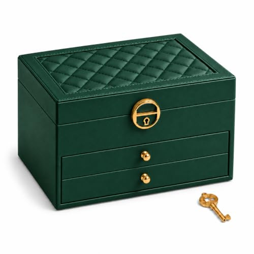 Top Sale Multi Layer Jewellery Box with Lock and Key, Large Green Jewellery Organiser with Drawers, Ring Rolls & Necklace Hooks, Multi Compartment Storage Case, Gift for Women