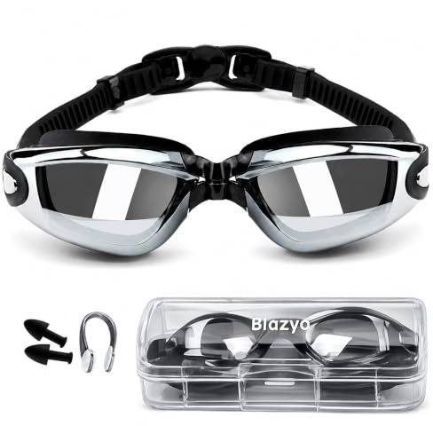 Blazyo Swimming Goggles Pack of 1, Electroplated Anti Fog With Silicone Cushion Swim Goggles for Men Adults, UV Protection Crystal Clear Vision with Free Protection Case, Nose Clip and Earplugs