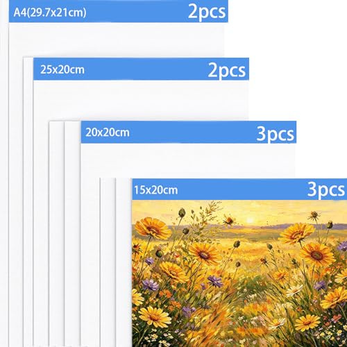 Toile Peinture (Lot de 10) Toiles à Peindre Blanches en Coton | 20x15cm, 20x20cm, 20x25cm, A4 Canvas Coton sans Acide pour Acryliques, Huile Gouache Aquarelle Enfants Débutants, Peintres