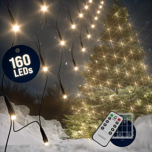 Monzana® Lichterkette 160 LED Netzlichterkette Außen Innen Batterie 8 Modi Lichtervorhang Deko Weihnachten Beleuchtung Warmweiß