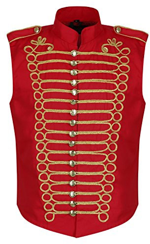 Ro Rox Herren Punk Militär Schlagzeuger Ärmellos Parade Jacke - Rot & Gold (XL)