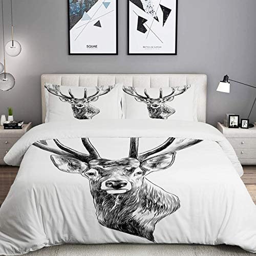 ELIENONO Bettwäsche-Set,Elch-Hirsch-Rotwild-Kopf-Skizzen-Grafiken einfarbige Schwarzweiss-Zeichnung gezeichnet,Dekoratives 3-teiliges Bettwäscheset mit 2 Kissenbezügen,Einzelgröße(135 x 200cm)